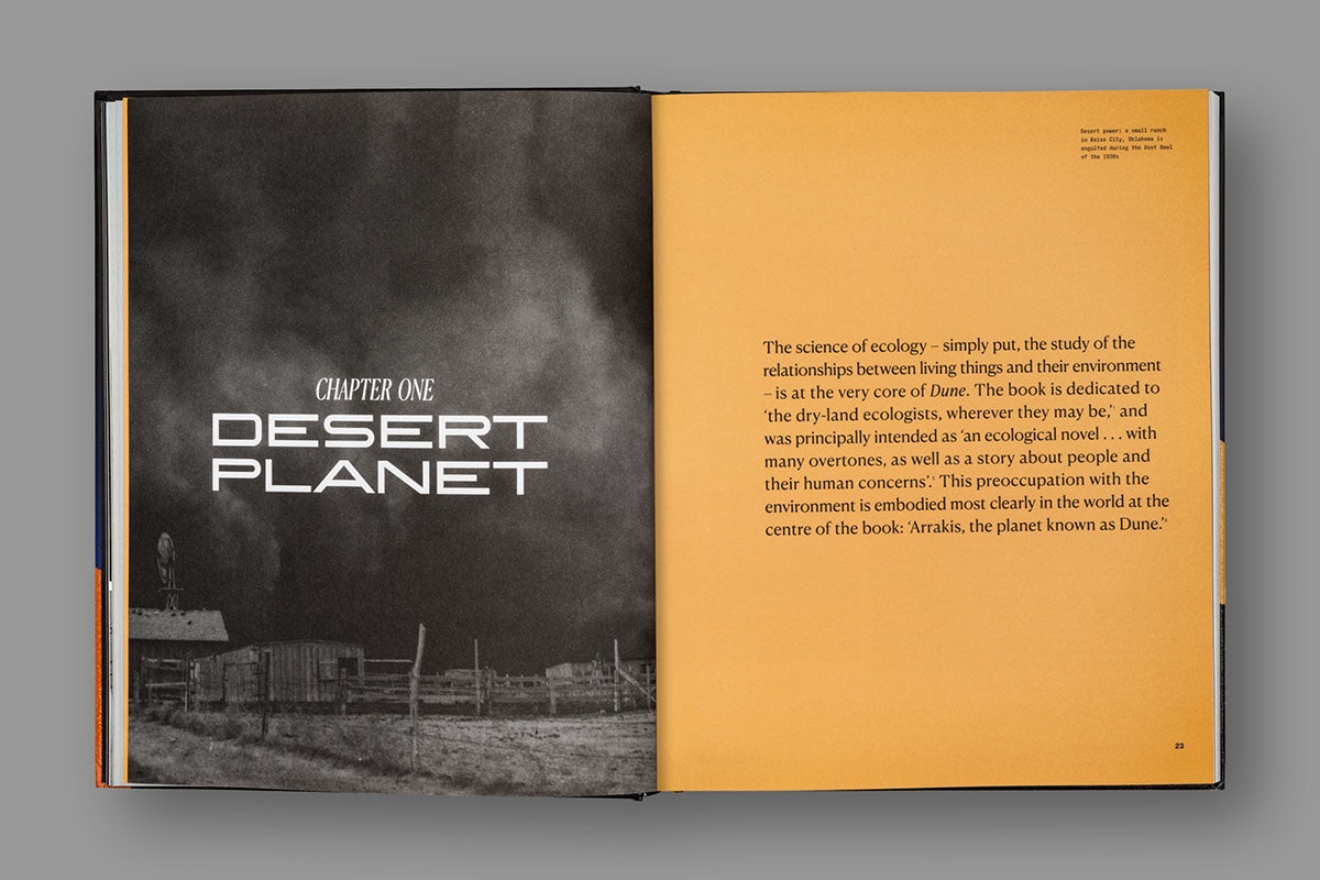 Image of a spread from a book about Dune, featuring the headline 'desert planet' laid over a dusty black and white photo of a landscape on the left hand page, and text on an orange background on the right hand page