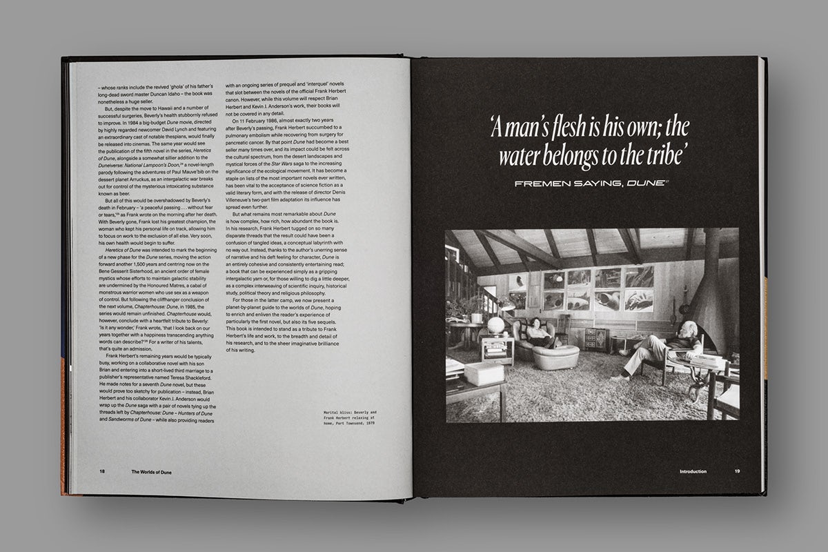 Image of a spread from a book about Dune, featuring two columns of text laid out on a grey background on the left hand page, and an image of a living room arranged on a black background on the right hand page