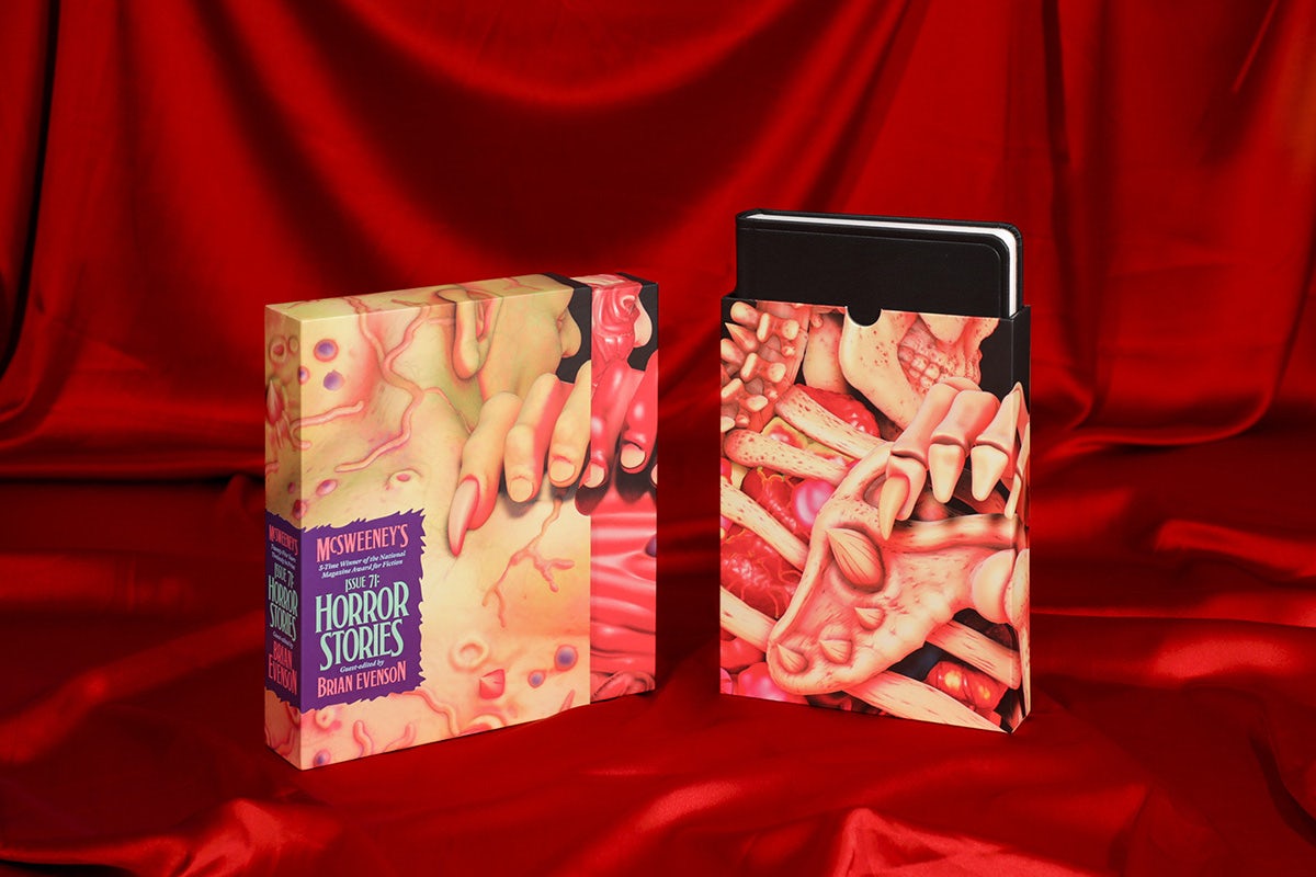 Photo of McSweeney's Issue 71 Horror showing the outer case and the inner slip case, both with illustrations of warped flesh and fingernails, shown against a red silk fabric backdrop