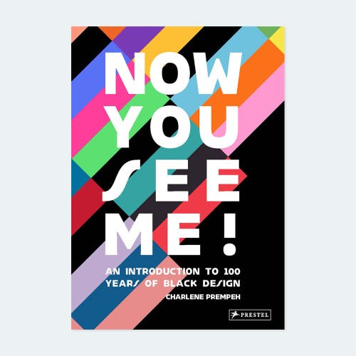 Cover of Now You See Me by Charlene Prempeh, featuring the book title in white upper case lettering and a background of colourful diagonal stripes