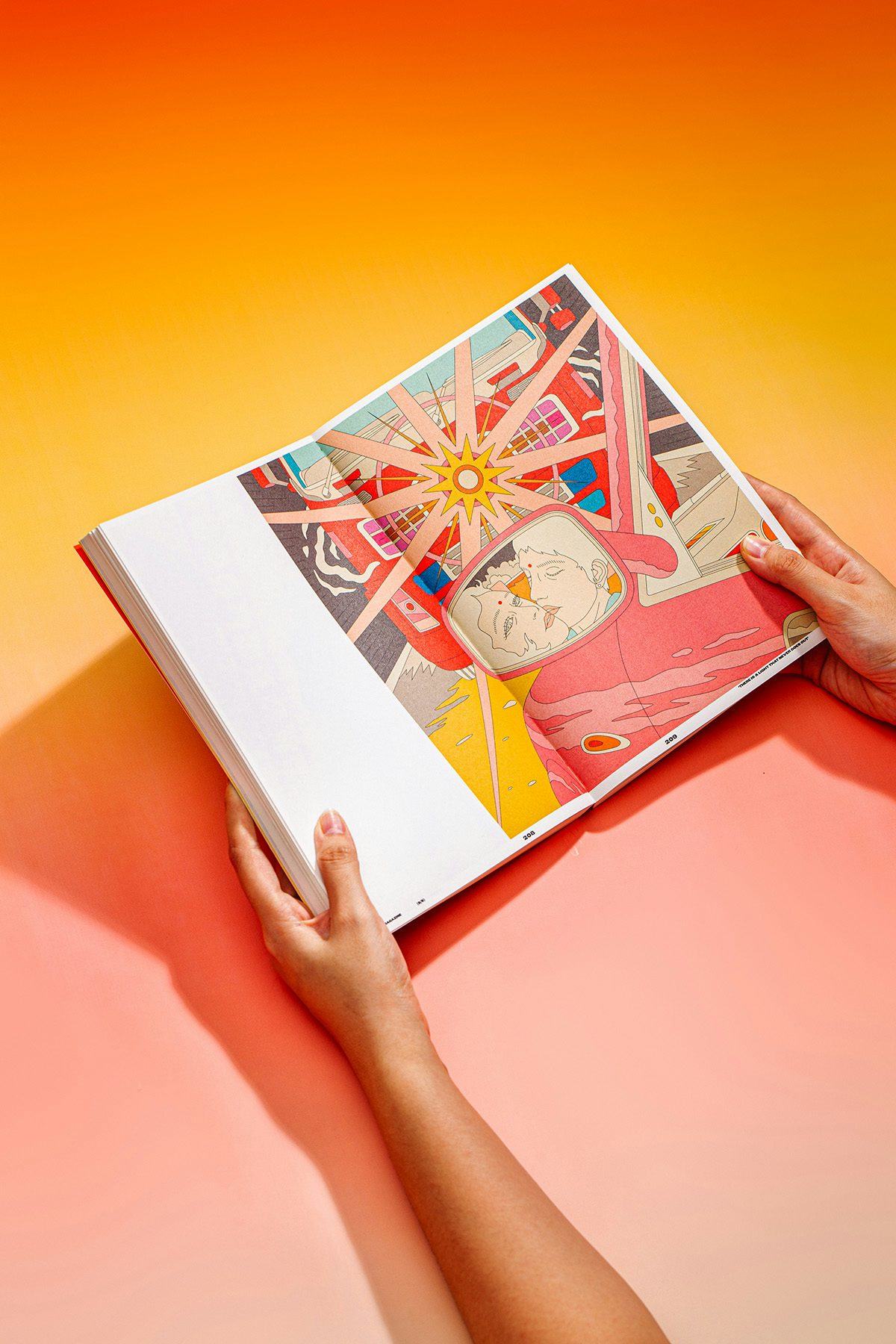 Photograph of a person holding Ardneks' book Coastalvision opened onto a page with a brightly coloured abstract illustration showing two figures reflected in a car wing mirror