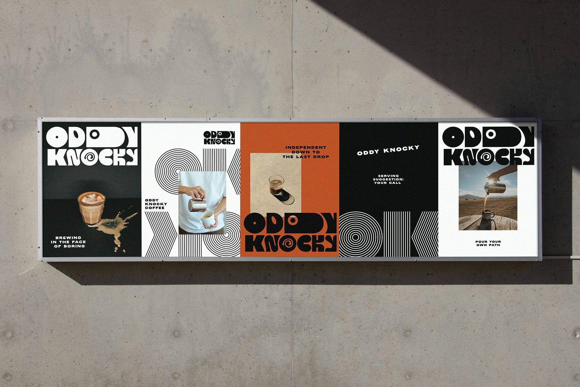Photo showing the branding for Oddy Knocky featuring multiline typography and coffee cups on a series of five posters