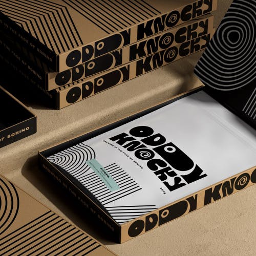 Photo showing the branding for Oddy Knocky on packaging featuring the quirky elongated wordmark and the letters 'O' and 'K' in multiline font