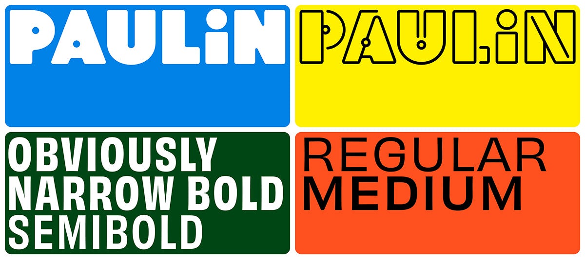 Graphic showing Paulin's wordmark comprising upper case letters except for the 'i', as well as its narrow and medium typofaces