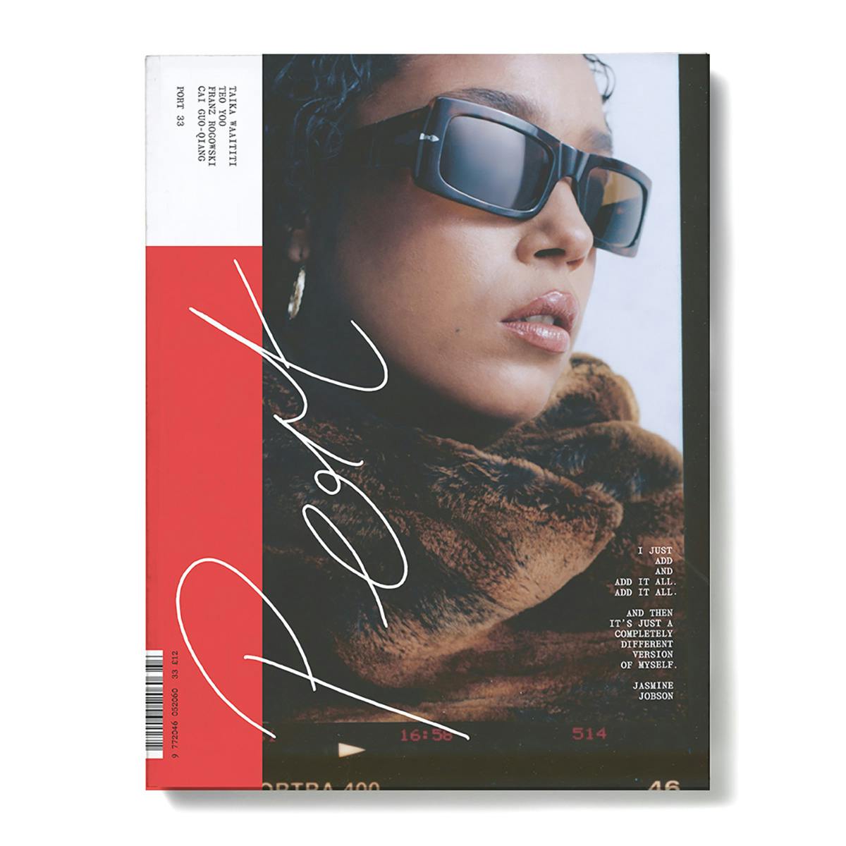 Photo of the cover of Port magazine with the masthead handwritten in white cursive lettering over the top of a photo of actor Jasmine Jobson wearing rectangular sunglasses and a furry coat