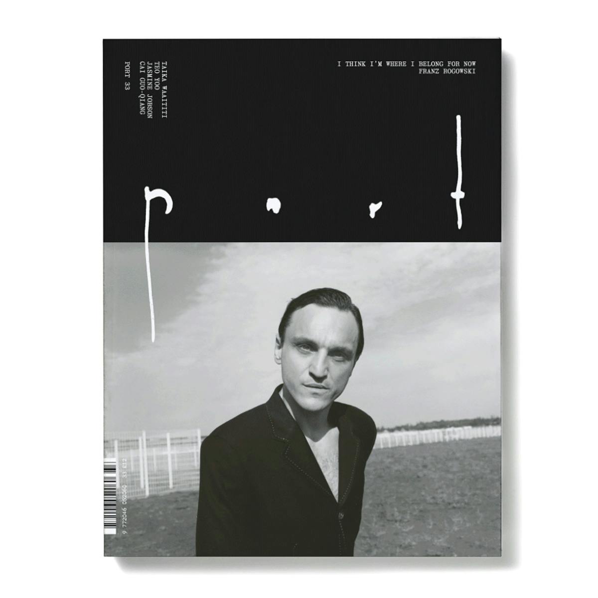 Photo of the cover of Port magazine with the masthead handwritten in a mix of squat and leggy letters above a black and white photo of Franz Rogowski