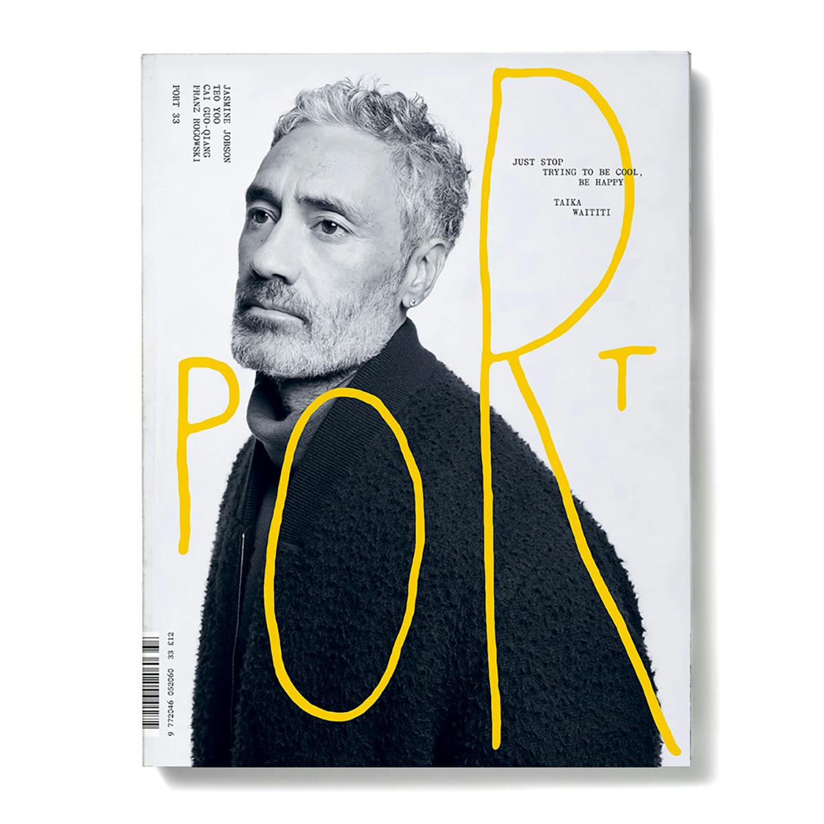 Photo of the cover of Port magazine with the masthead handwritten in unevenly sized yellow letters over the top of a black and white portrait photo of Taiki Waititi