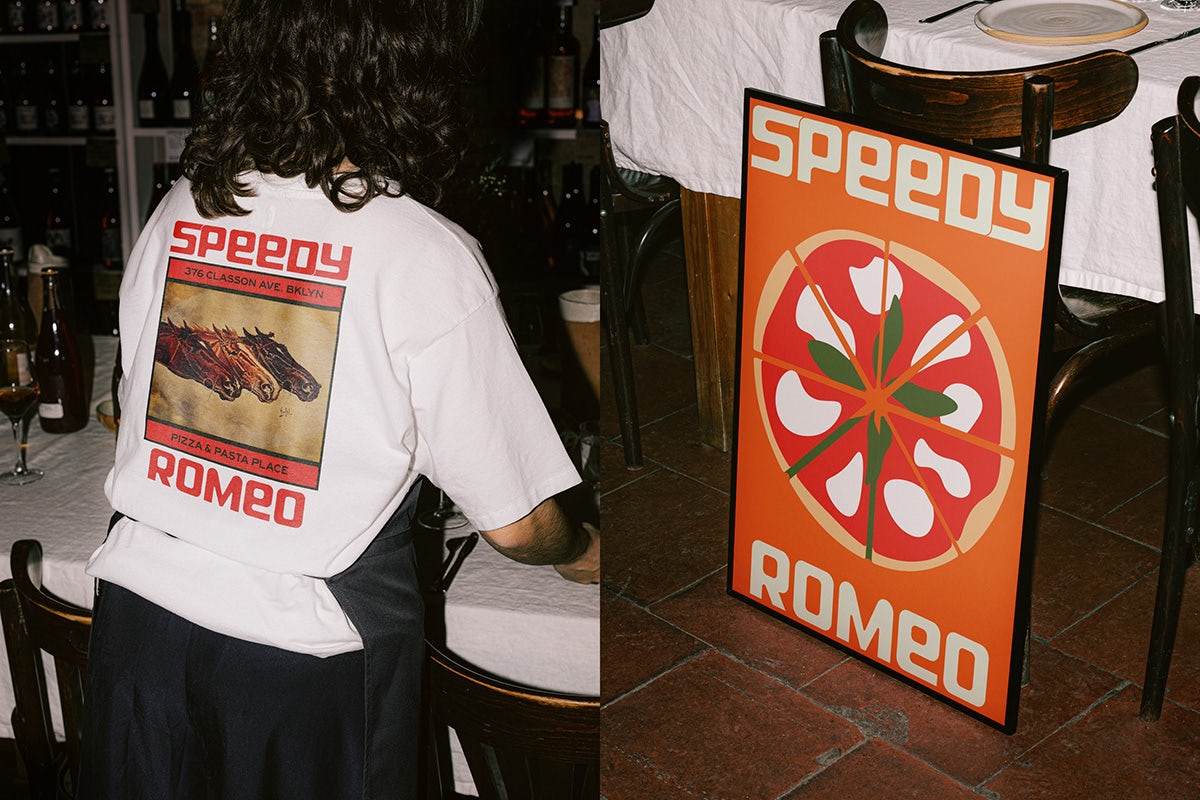 Two images showing the new branding for pizza restaurant Speedy Romeo centred around horse motifs