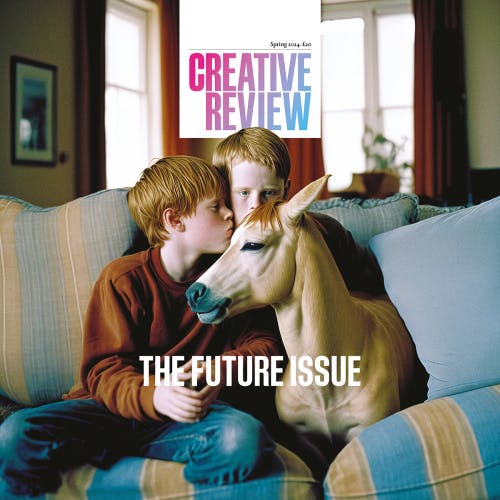 Image shows the cover of the Creative Review Future Issue 2024, featuring an AI assisted image of two childred sat on a sofa next to a horse