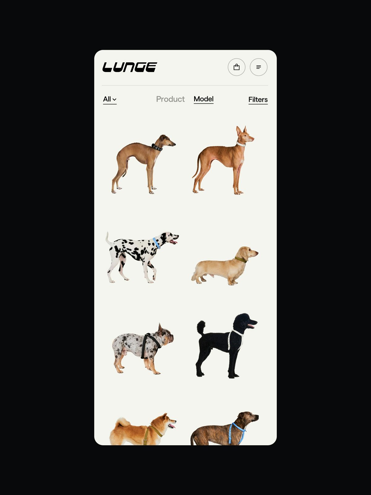Image showing the identity for Lunge on its website featuring images of dogs wearing pet accessories