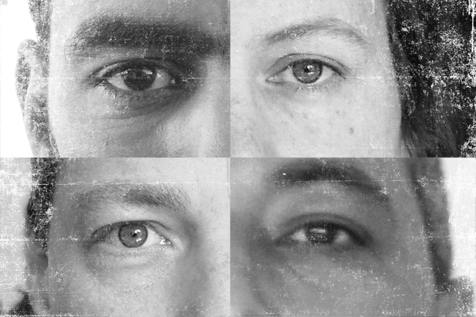 Composite of four black and white distressed images of people's eyes