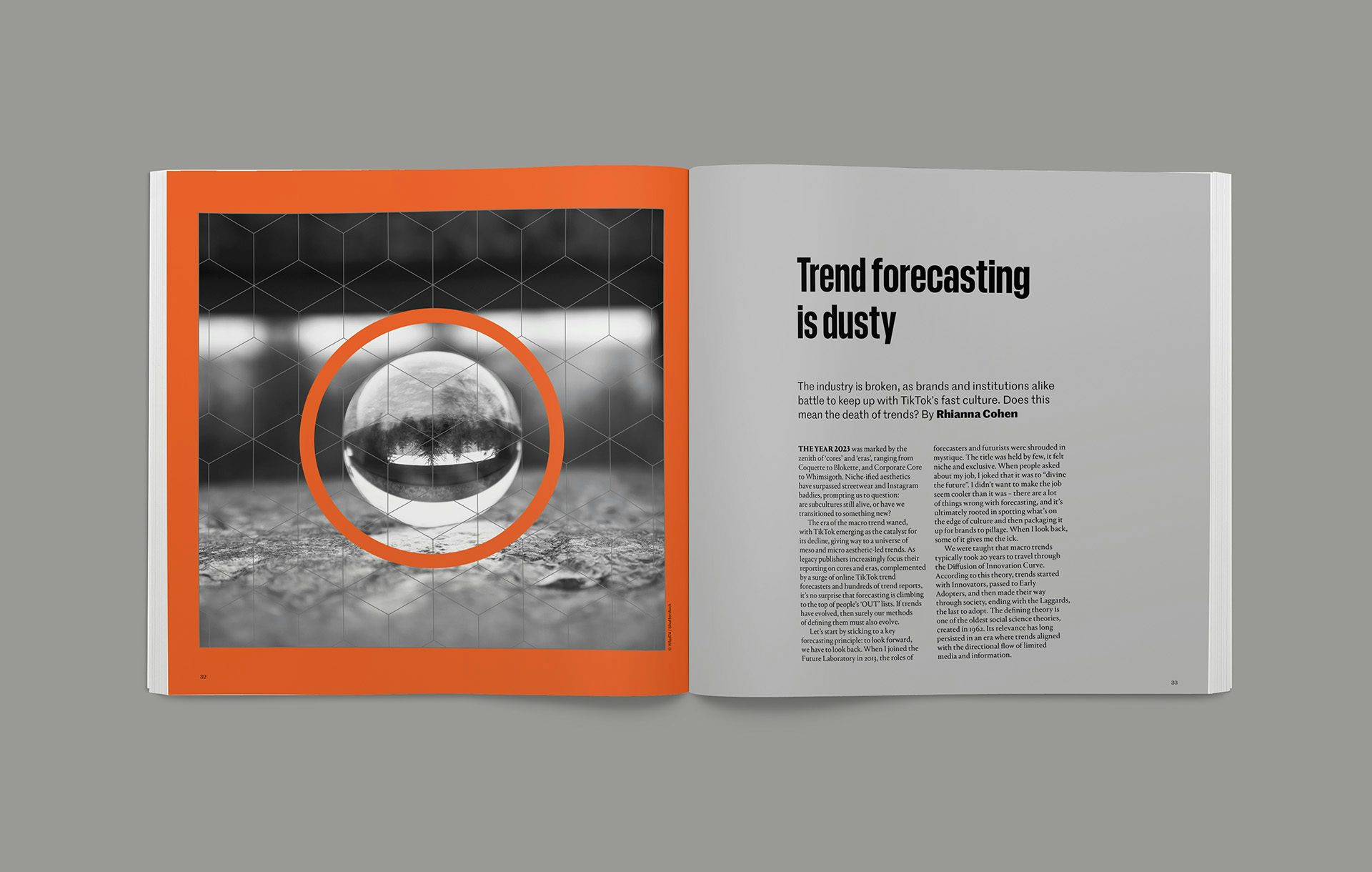 Image shows a spread from the Creative Review Future Issue 2024 headlined 'Trend forecasting is dusty'