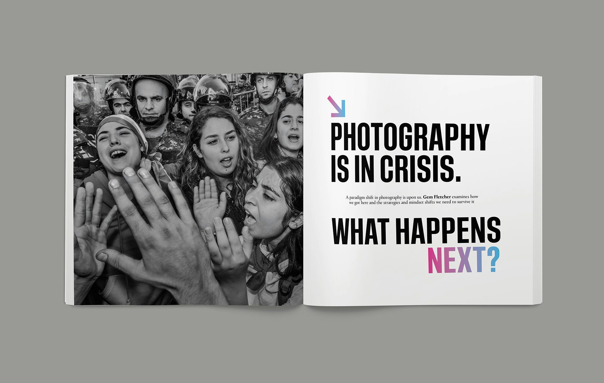 Image shows a spread from the Creative Review Future Issue 2024 headlined 'Photography is in crisis. What happens next?'