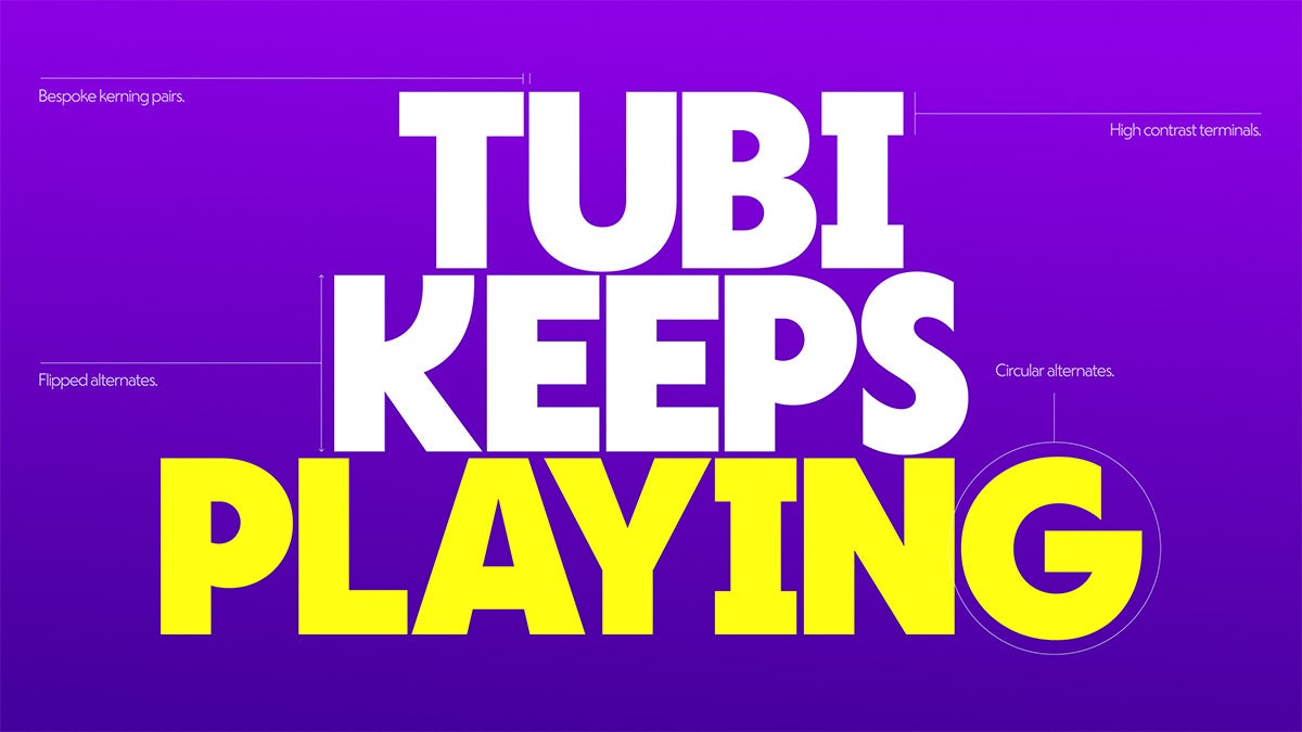 Graphic showing chunky uppercase letterforms set in the new typeface, which was created for the new Tubi branding