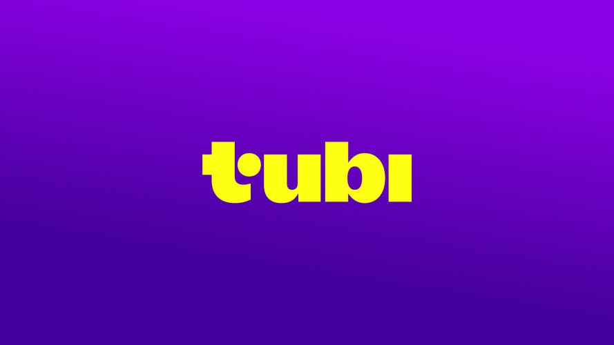 Graphic shows the new Tubi chunky yellow lowercase wordmark, set against a purple background