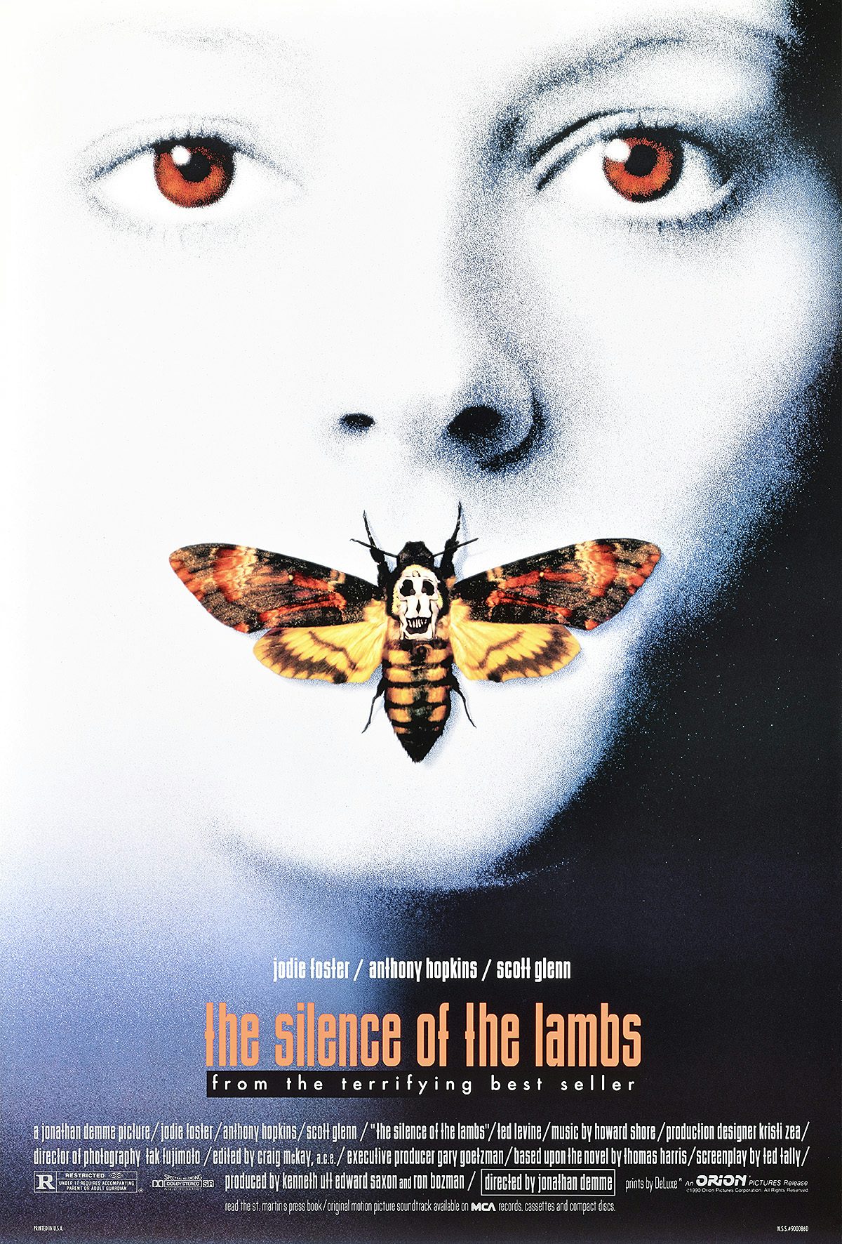 Poster design for The Silence of the Lambs showing a washed out portrait of star Jodie Foster whose mouth is covered by an image of a moth