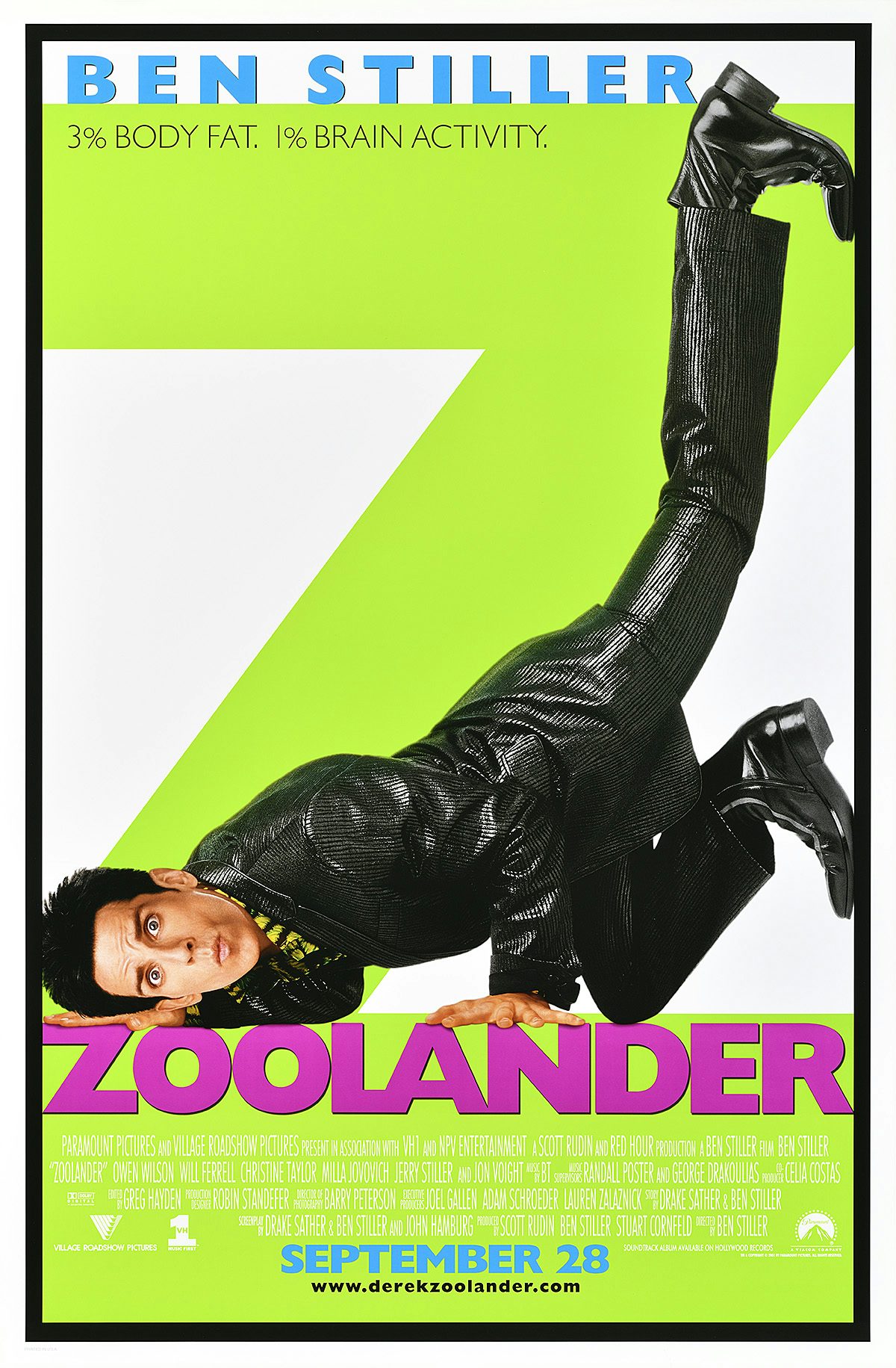Poster design for Zoolander showing a photo of star Ben Stiller wearing a shiny black suit, appearing to lean upside down on top of the film title, Zoolander, in pink text along the bottom of the poster. The poster copy reads '3% body fat, 1% brain activity'