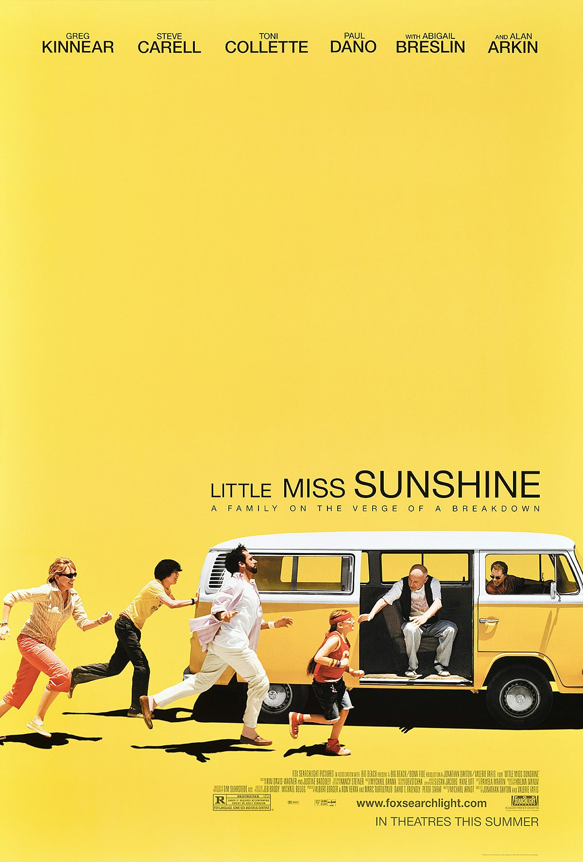 Poster design for Little Miss Sunshine, showing cut out photos of four of the film characters running towards a yellow VW campervan with two people inside. The images are laid over a bright yellow background, with the copy 'A family on the verge of breakdown'