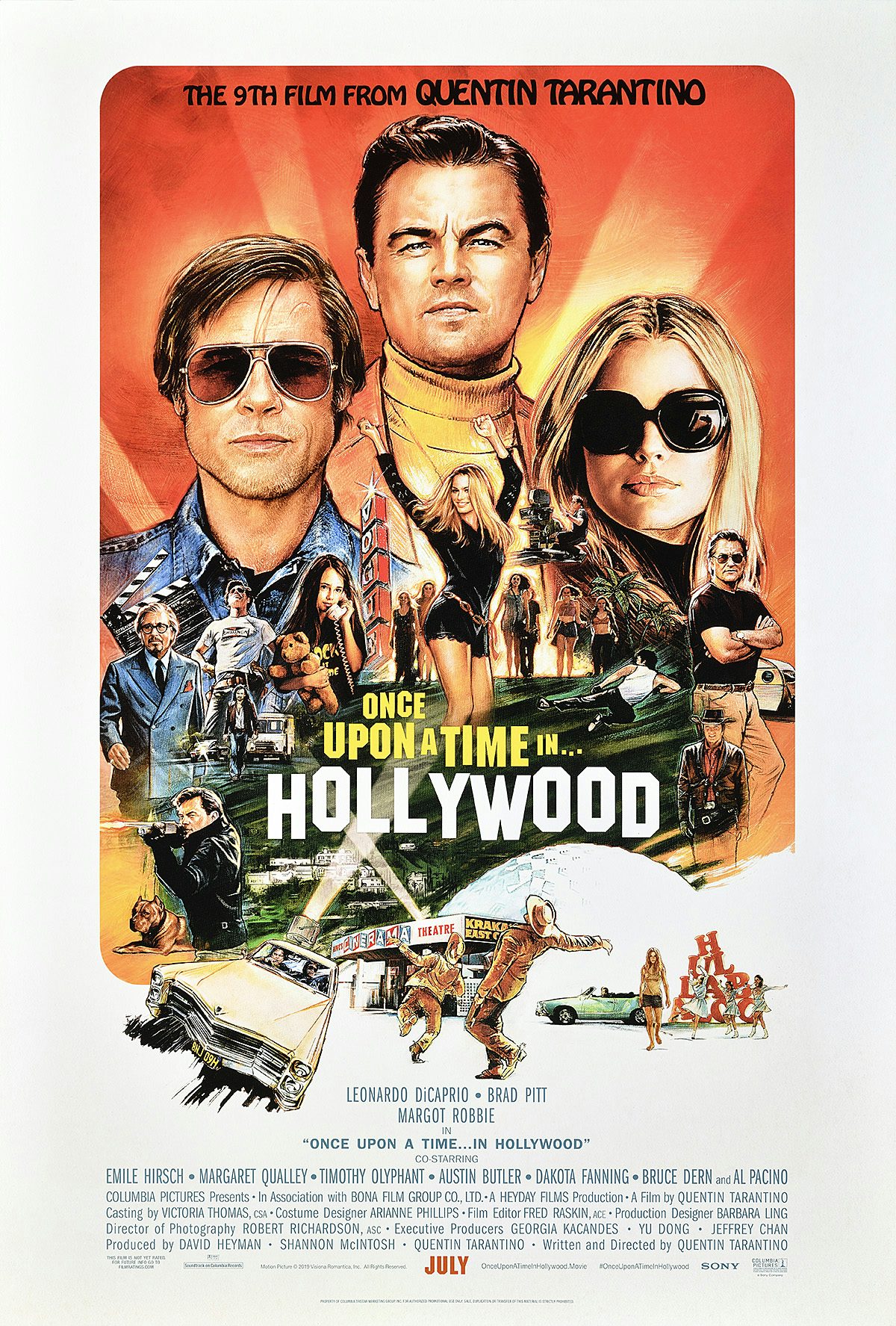 Poster design for Once Upon a Time in Hollywood, featuring illustrated portraits of the main cast members Leonardo Dicaprio, Brad Pitt and Margot Robbie in a vintage illustration style. Beneath them is a composite of illustrations referencing scenes and characters from the film, including a vintage car and action scenes