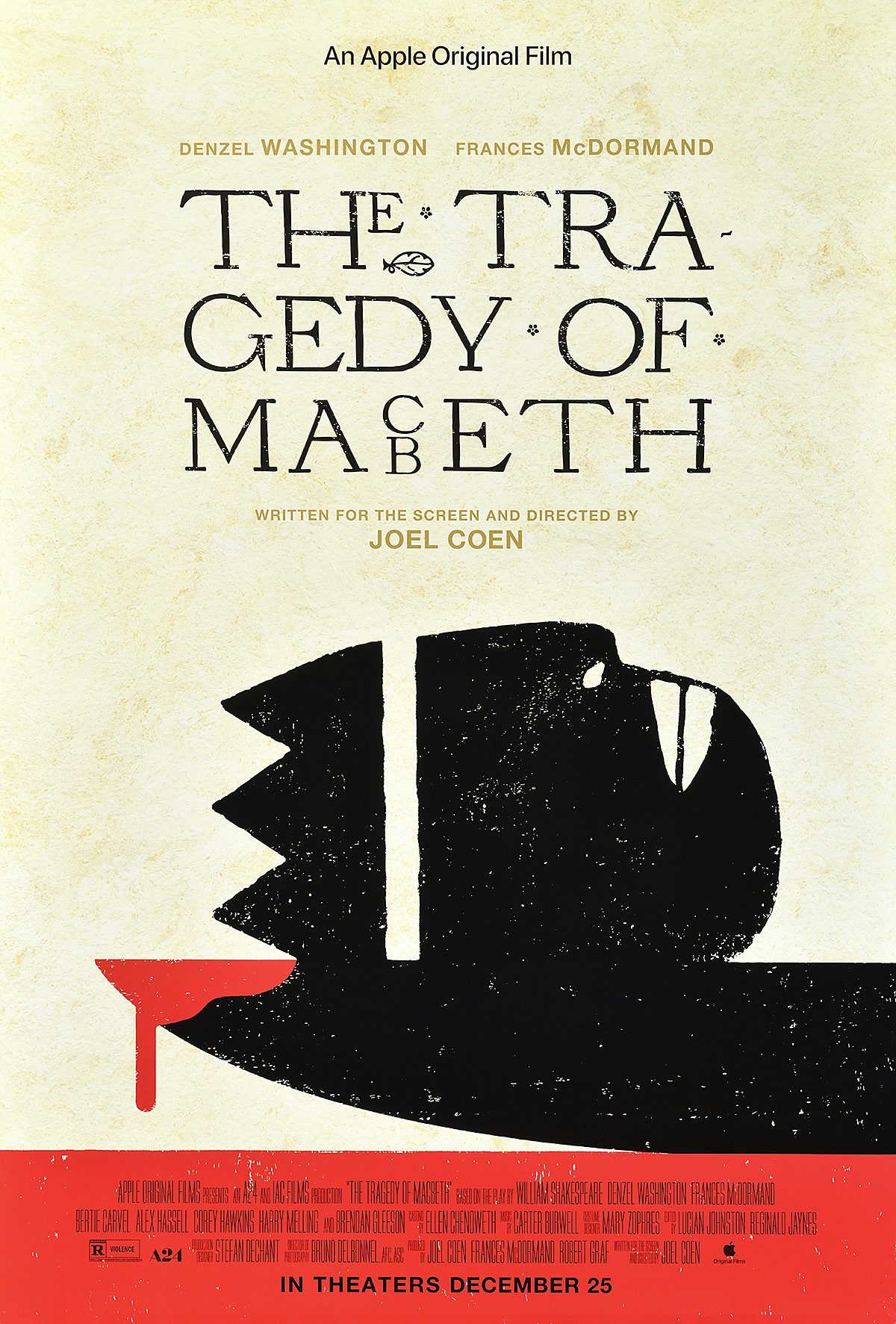 Poster design for The Tragedy of Macbeth showing a figurative textured illustration appearing to show a person wearing a crown that blends into the shape of a blade with blood dripping off the tip