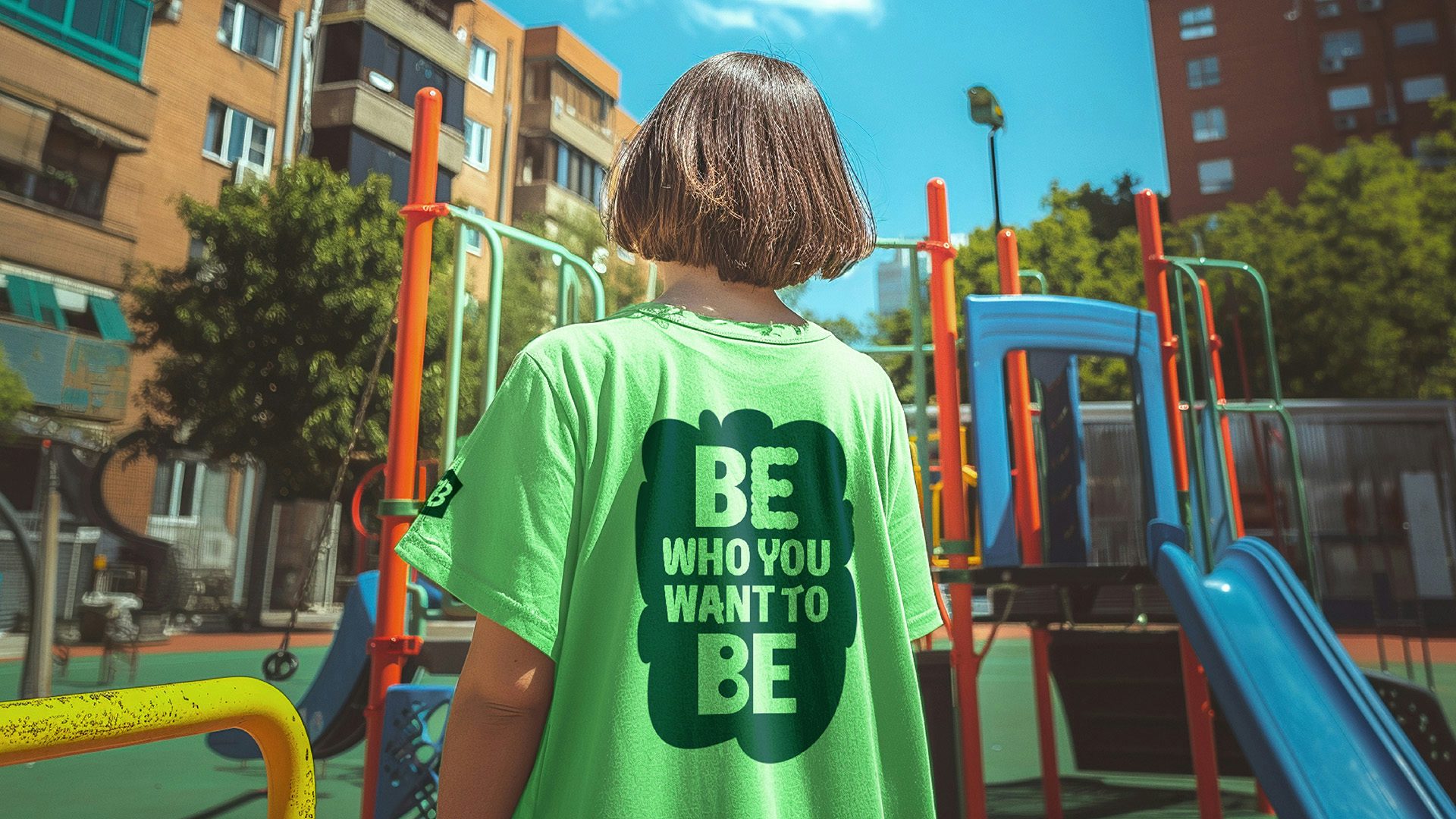 Image shows the new Barnardo's visual identity as seen on a graphic that reads 'be who you want to be' on the back of a bright green shirt worn by a young person