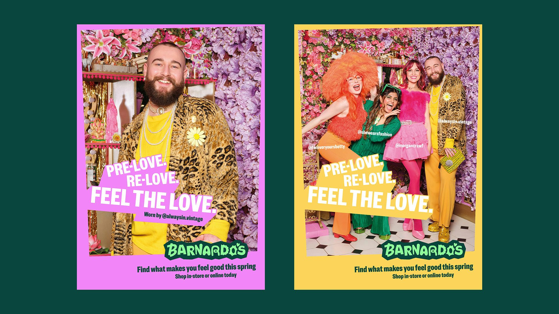Image shows the new Barnardo's visual identity on two colourful vertical posters both headlined 'Pre-love, re-love, feel the love'