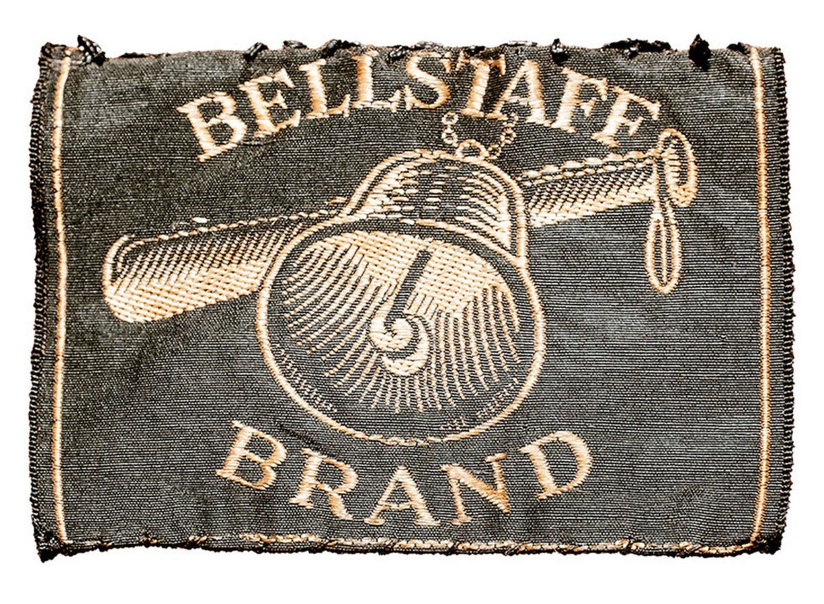 Photo of a Belstaff clothing label spelled with two 'L's taken from Belstaff's centenary book