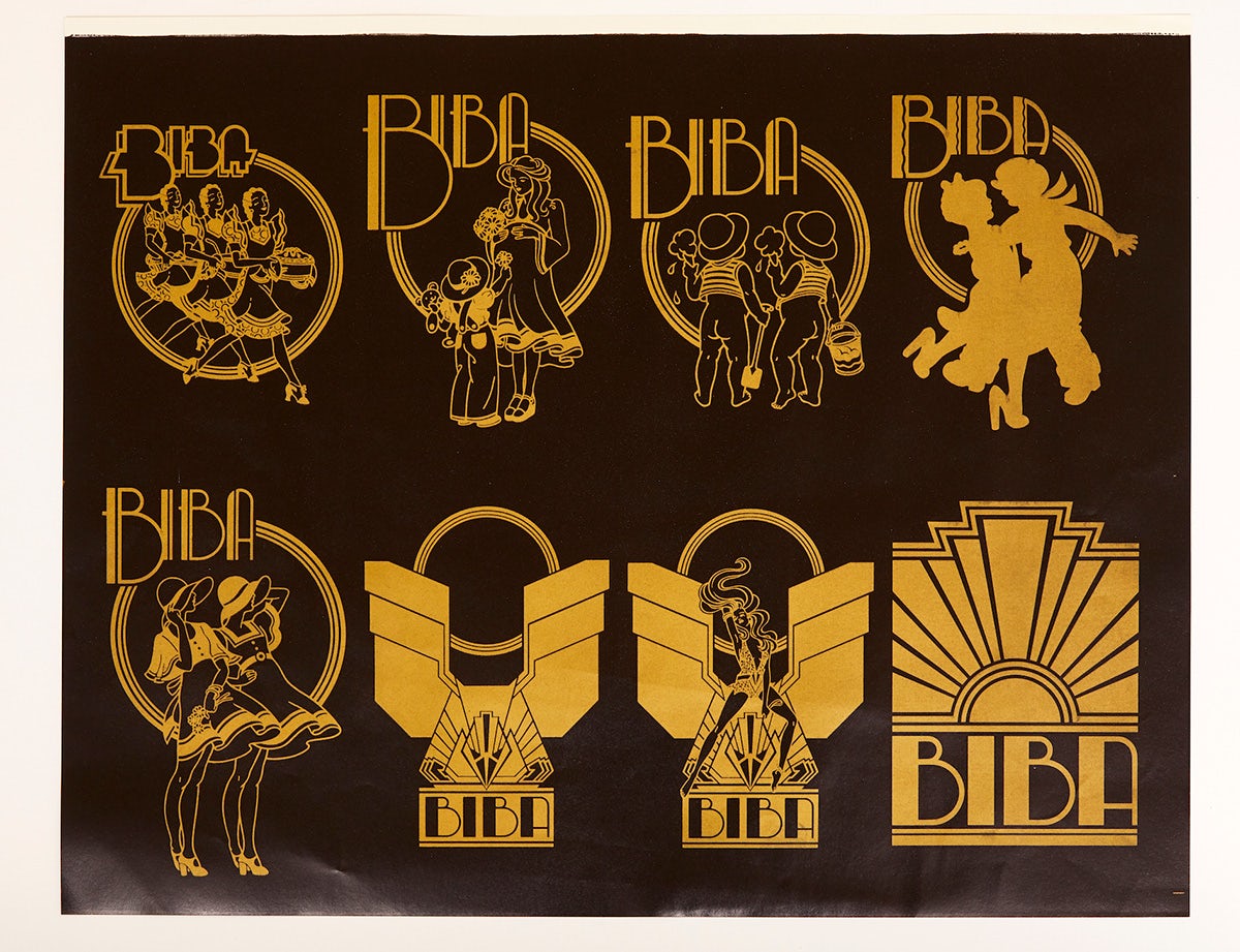 Image showing various Biba product labels with art deco typography and details in the brand's brown and yellow colour scheme