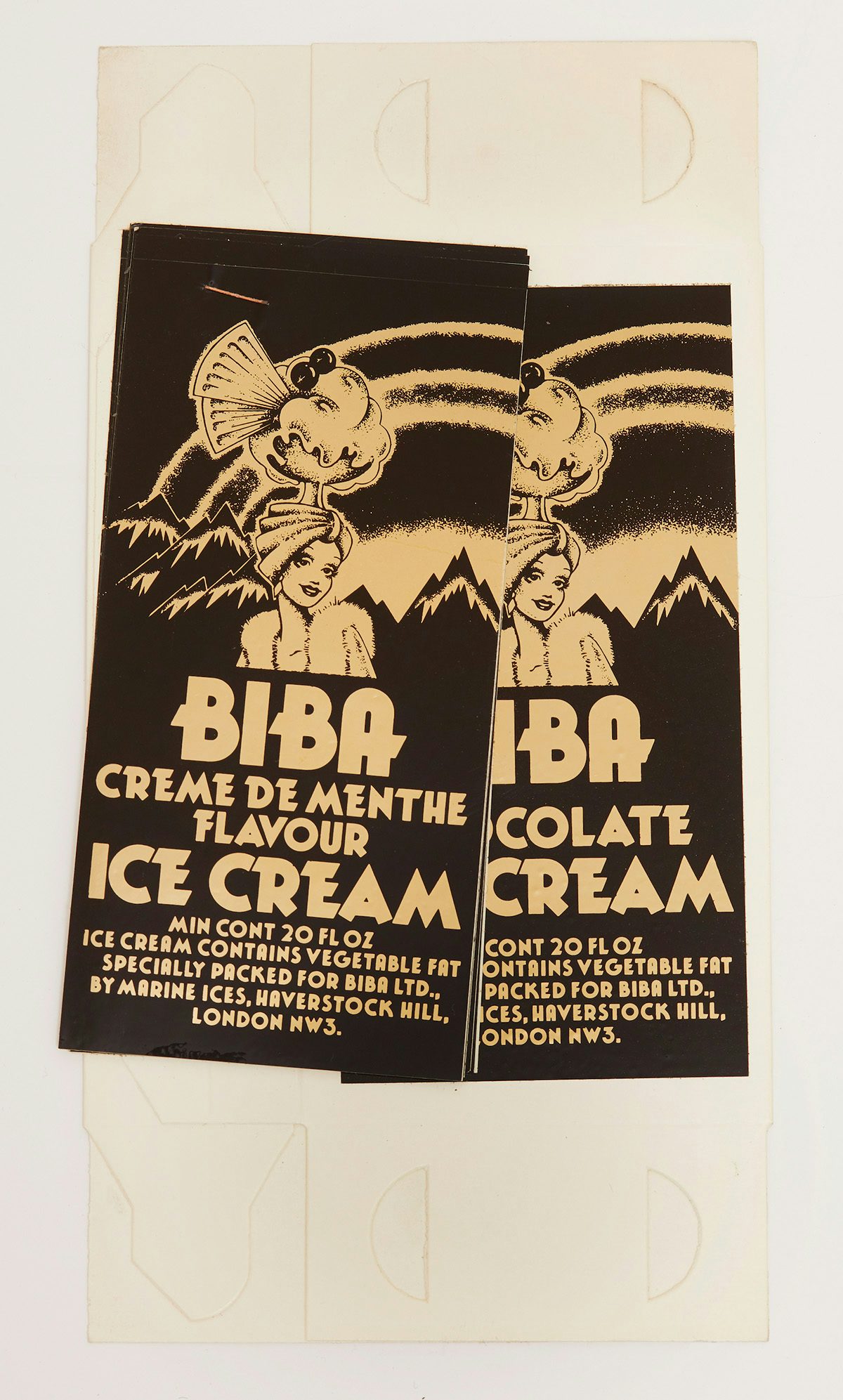 Photograph showing brown and yellow 70s style packaging for Biba ice cream