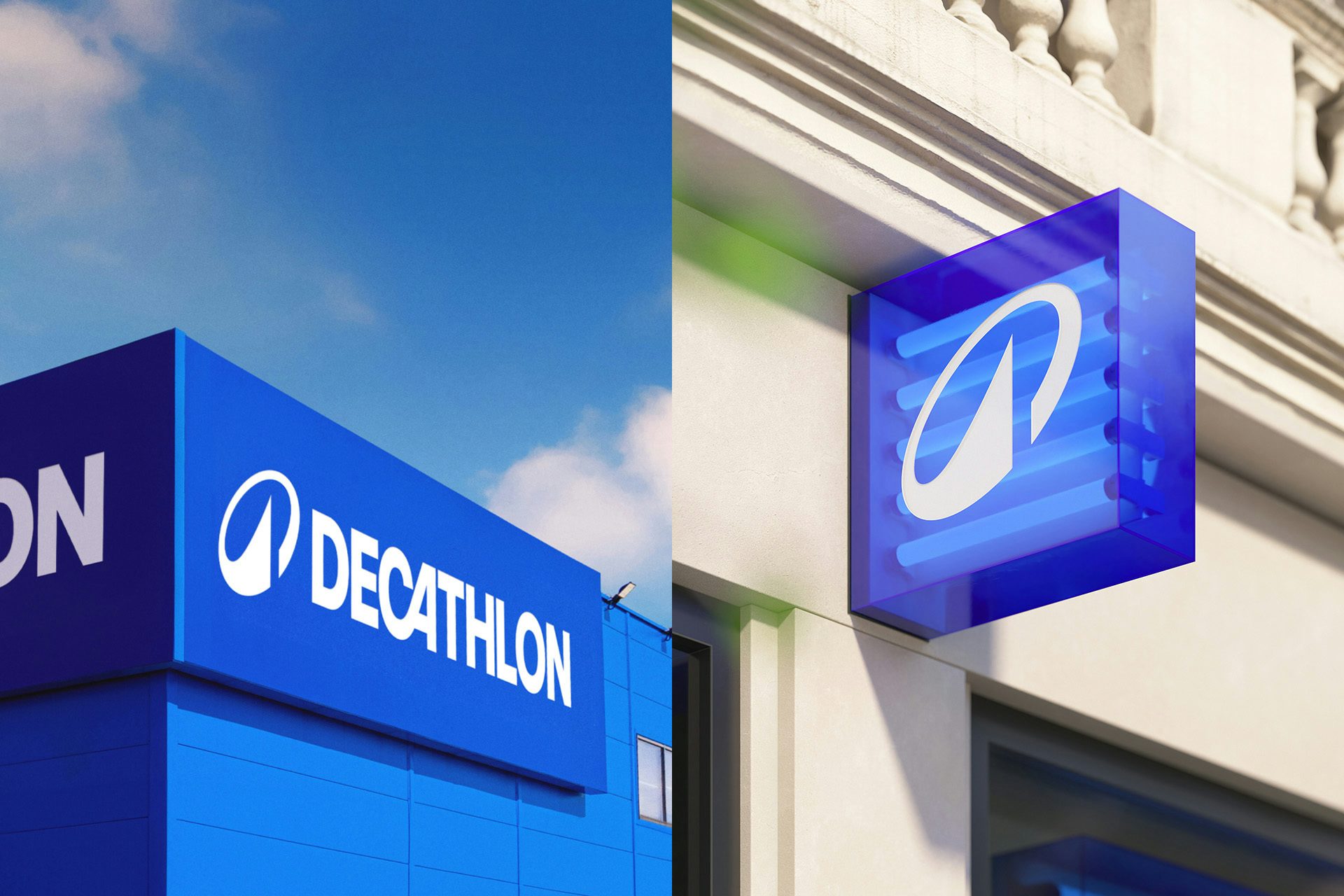 Image shows Decathlon's new circular logo and wordmark on store signage, created as part of its new branding