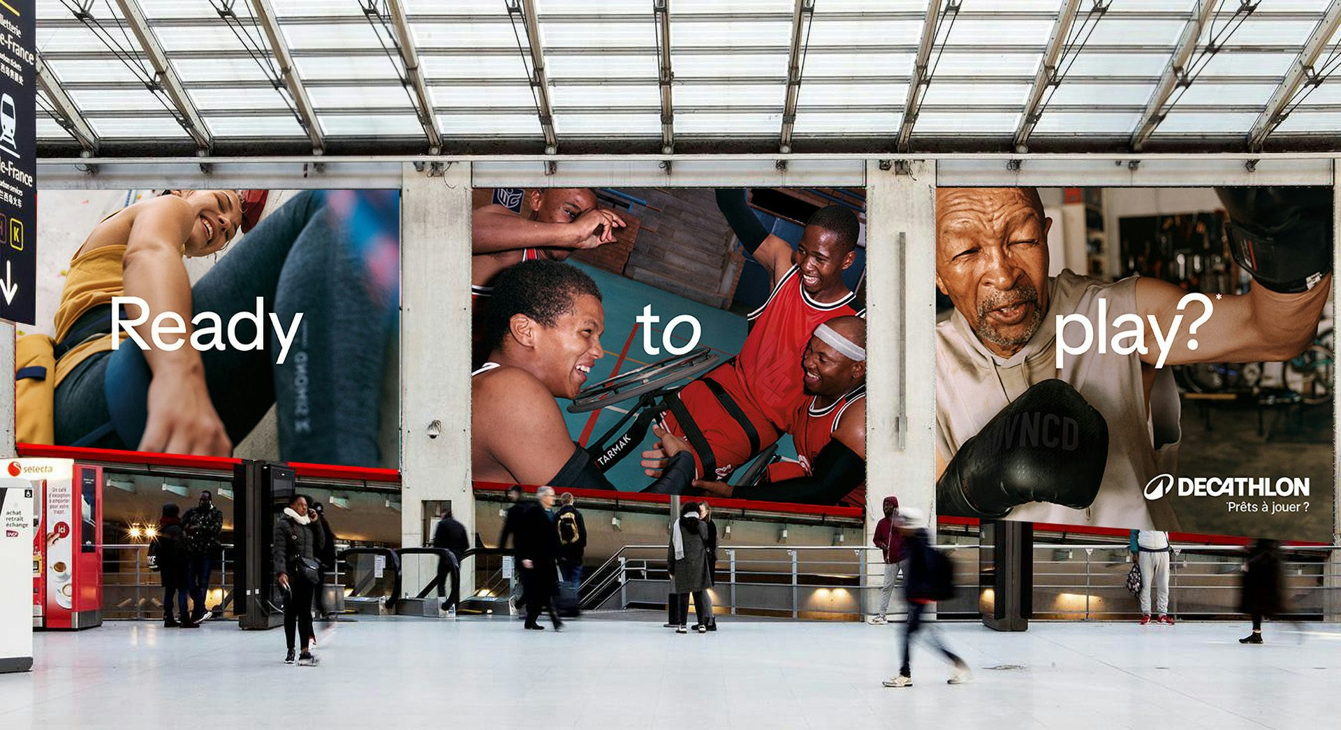 Image shows three out of home billboards created as part of a new Decathlon campaign, featuring the campaign slogan 'ready to play?'