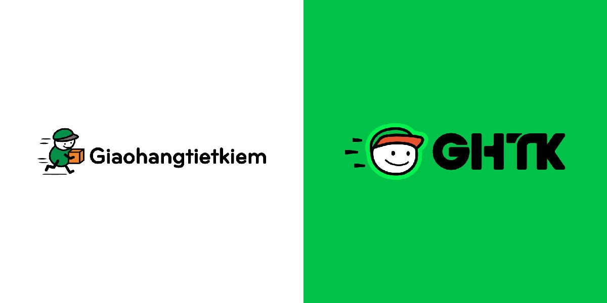 Comparison image showing the old GHTK branding on the left, featuring a cartoon figure carrying a box, and the new GHTK branding, including a smiling cartoon face for a logo and a black wordmark with curved cutout details, against a green background