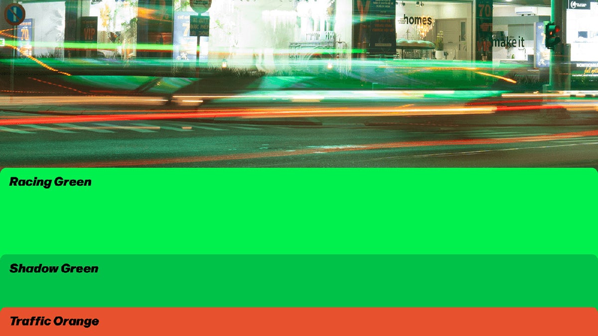 Image showing a motion blur photo of a vehicle and brake lights. Beneath the photo are two shades of green and an orange, which are drawn from the motion blur photo above it
