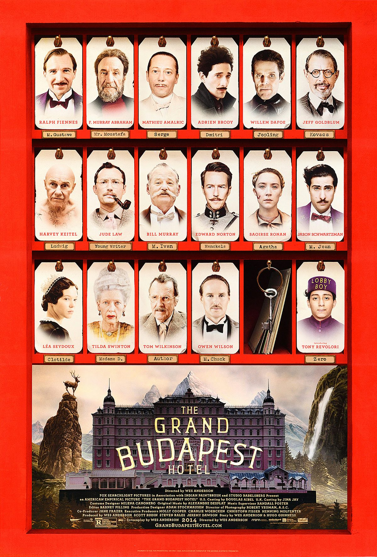 Poster design for The Grand Budapest Hotel featuring illustrated portraits of the 17 characters, and one illustration of a key, on room cards. These appear in rows above an illustration of the hotel in the film