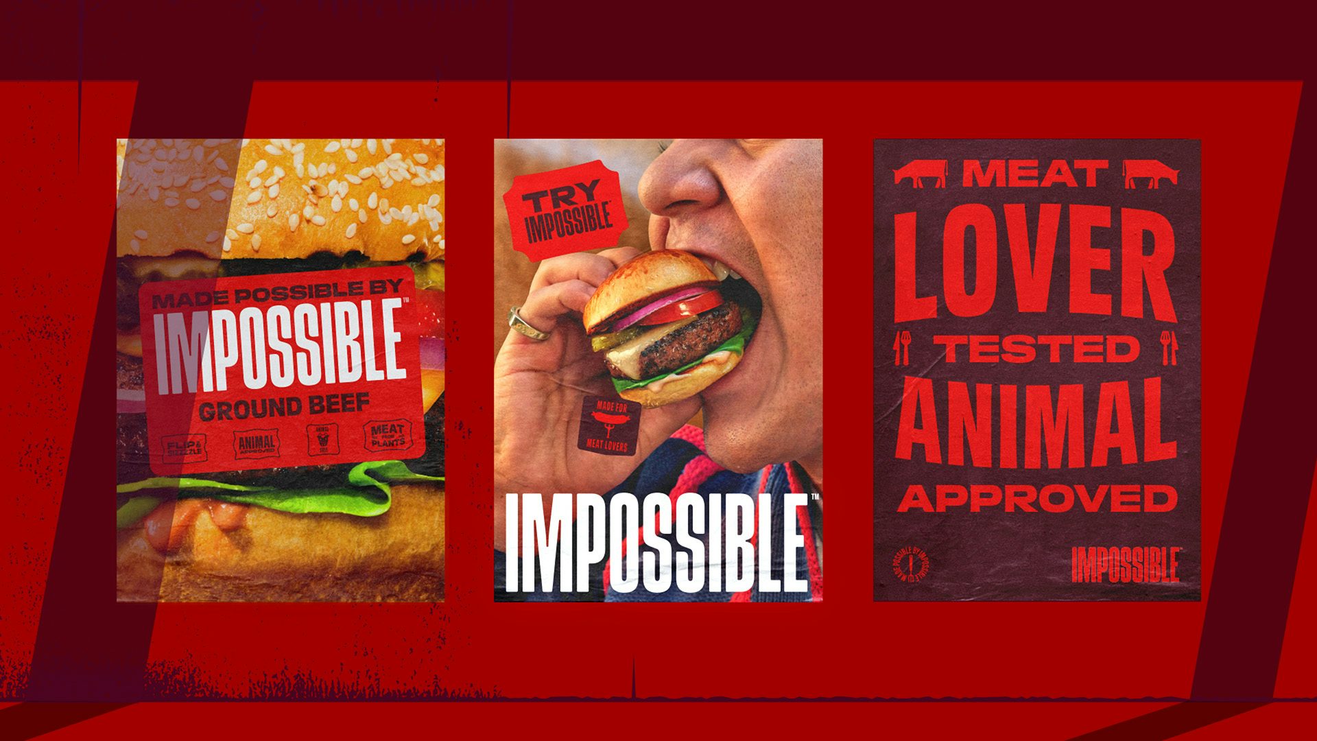 Image shows a row of three vertical posters, two featuring photos of Impossible burgers and the last one headlined 'Meat lover tested Animal approved'