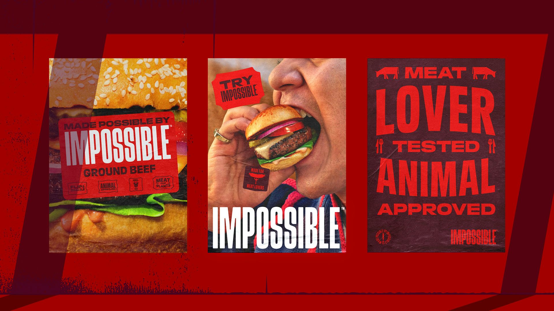 L'image montre une rangée de trois affiches verticales, deux présentant des photos de hamburgers Impossible et la dernière intitulée