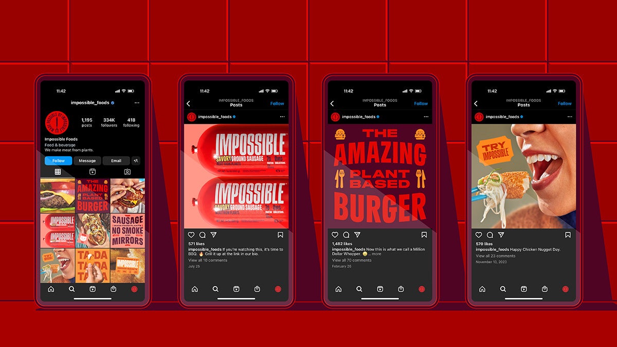Image shows a row of four phones showing the new Impossible branding incorporated into social media posts