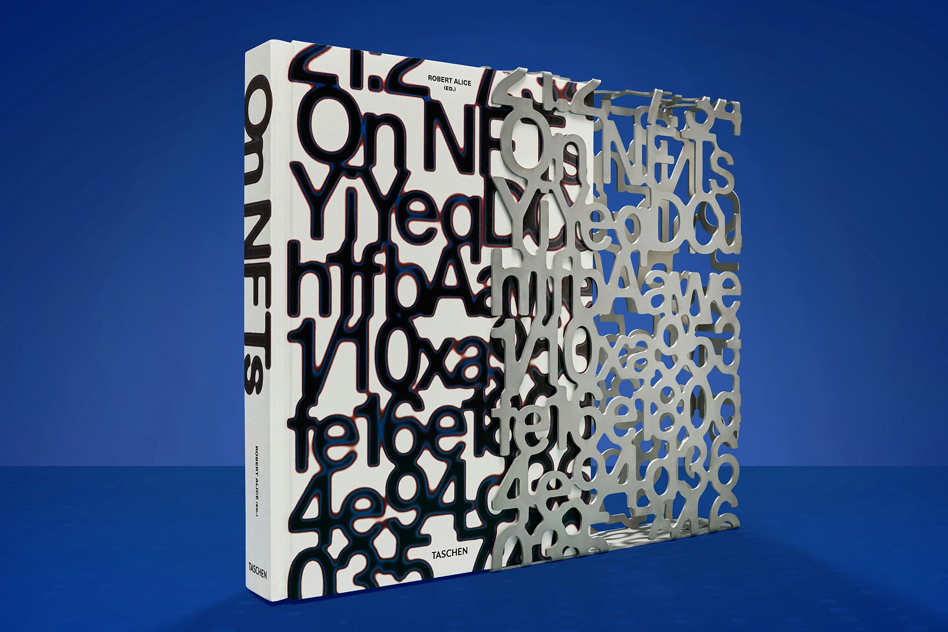 Image shows the letter-based design on the cover of On NFTs by Robert Alice, which is shown jutting out from the semi-transparent hard slip-case design