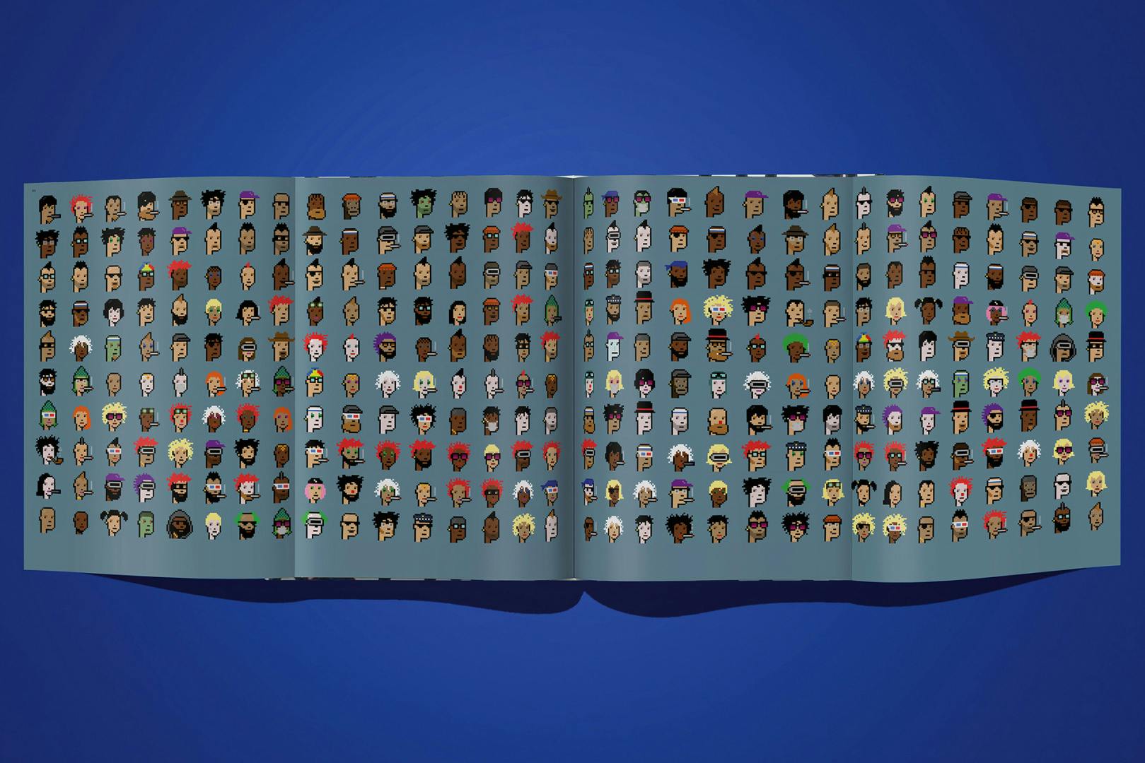 Image shows a spread from On NFTs by Robert Alice on a bright blue background. The pull-out spread features 8-bit avatars of people's faces