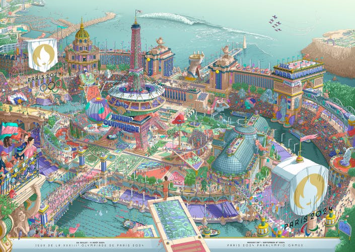 Image shows a horizontal poster illustrated by Ugo Gattoni for the Paris 2024 Olympic and Paralympic Games showing a densely filled fantasy coastal version of Paris