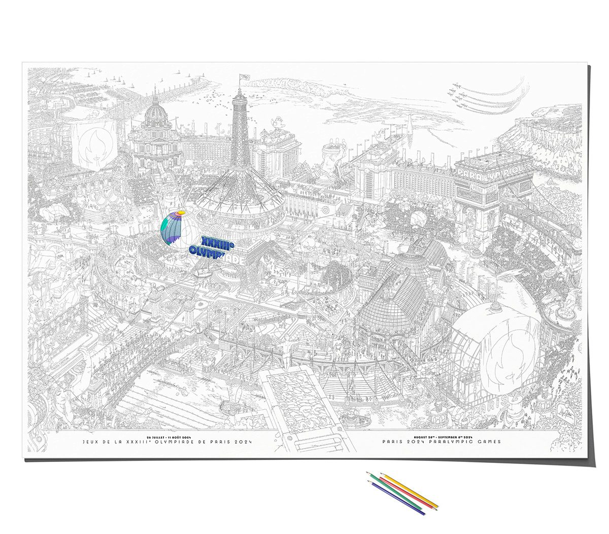 Image shows a horizontal black and white poster illustrated by Ugo Gattoni for the Paris 2024 Olympic and Paralympic Games showing a densely filled fantasy coastal version of Paris that people can colour in at home