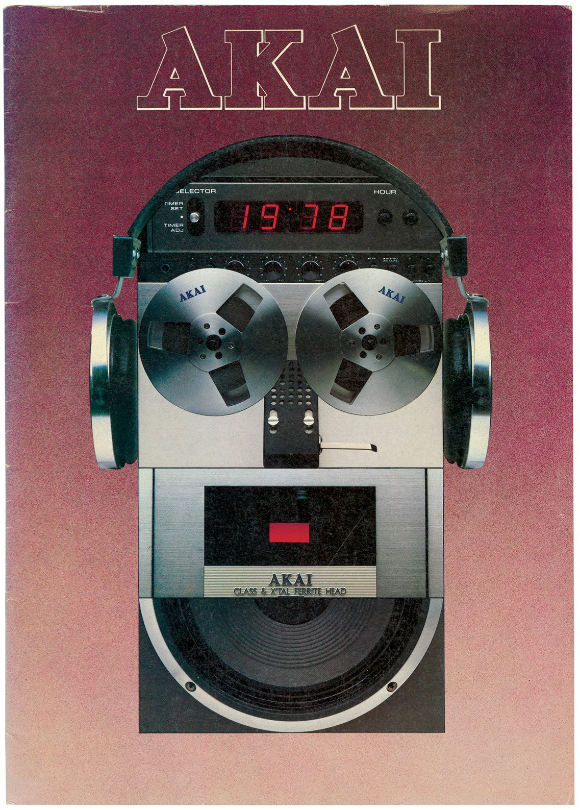 Pink hued poster featuring images of audio equipment which have been laid out to resemble a robotic face