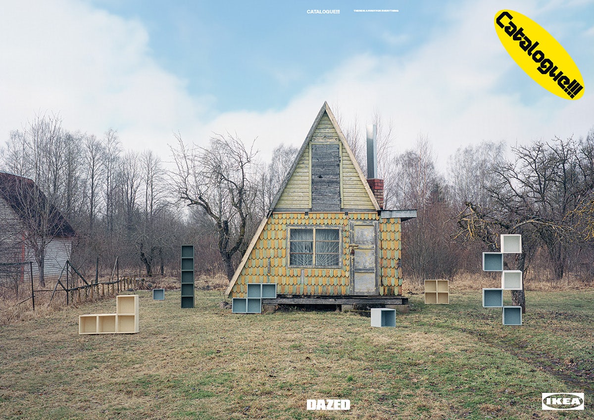 Photograph from Dazed and Ikea's zine showing a yellow building in a rural environment with a steep pointed roof