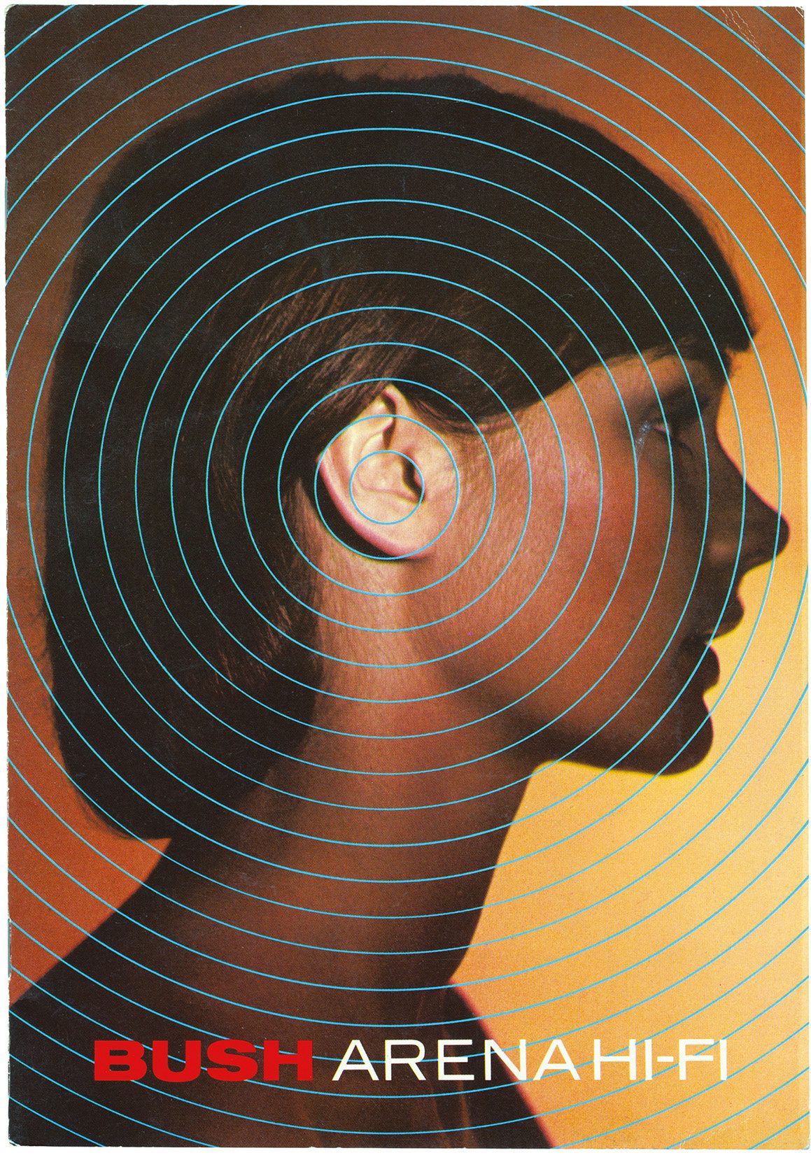 Poster featuring a profile shot of a person with shoulder length hair against an orange hued background, overlaid with a concentric circle pattern