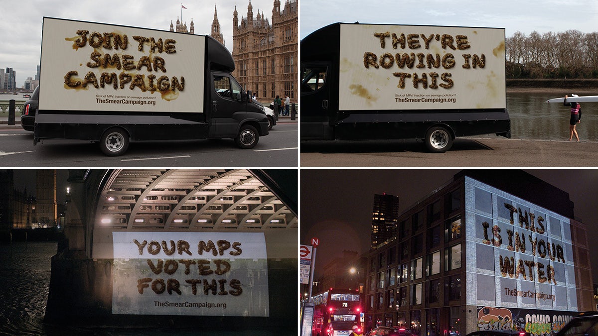 Composite showing four outdoor displays featuring campaign messages written in a sewage-inspired font