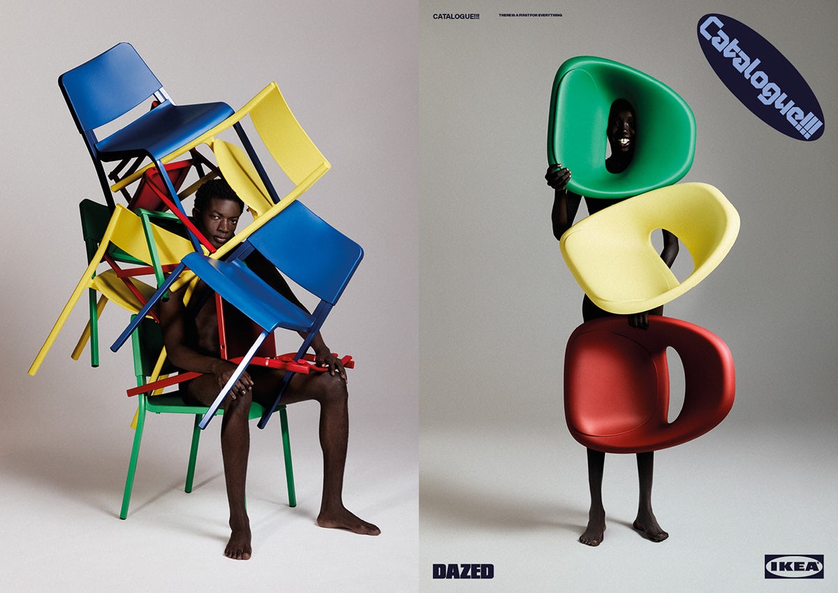 Two side by side studio photographs from Dazed and Ikea's zine showing a person wearing sculptural pieces made out of colourful plastic chairs