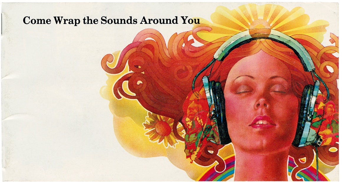 Horizontal poster headlined 'Come wrap the sounds around you' next to a colourful 70s illustration of a person wearing over-ear headphones intertwined with rainbows, sunbeams and flowers 