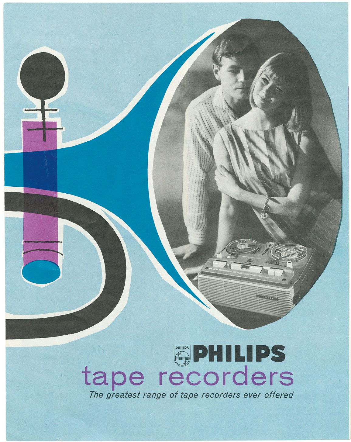Blue poster for Philips tape records showing a black and white photo of a couple standing over a tape recorder, which is encased in the end of a trumpet illustration