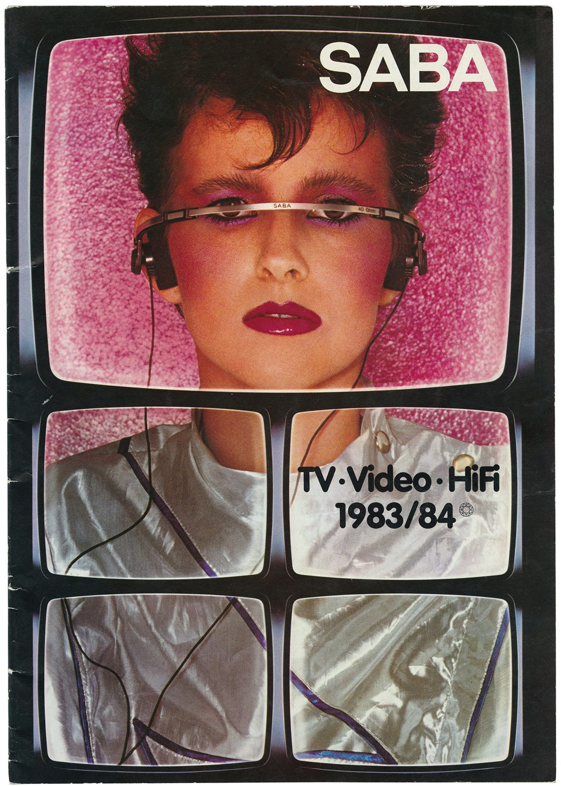 Poster showing a person wearing silver clothing and headphones partially covering their face. The photograph is divided into five boxes in the style of TV screens