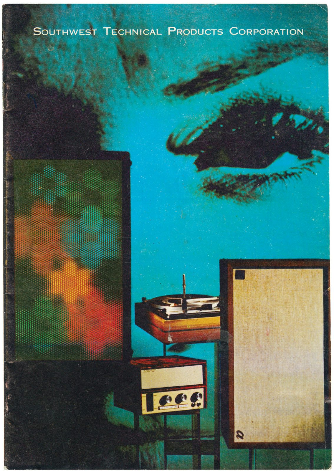 Poster showing audio equipment in the foreground, set against a blue-hued close up image of a person's face with thick eyelashes
